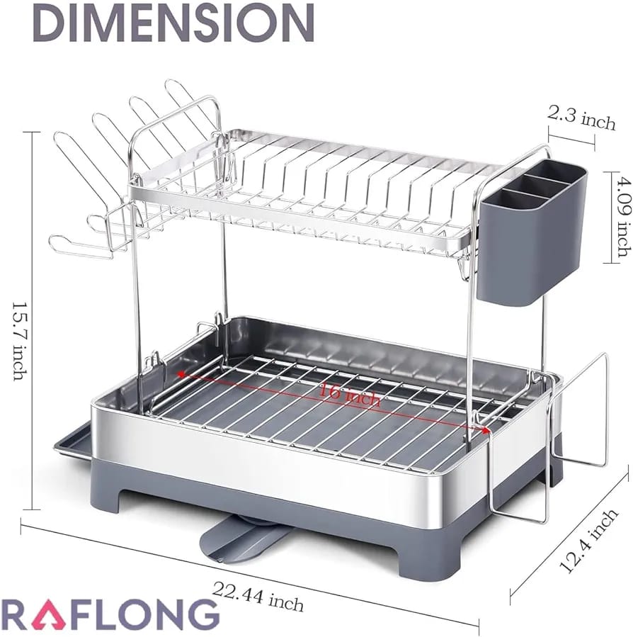 Raflong 2-Tier Dish Drying Rack | Rustproof | With Drainboard | Space-Saving