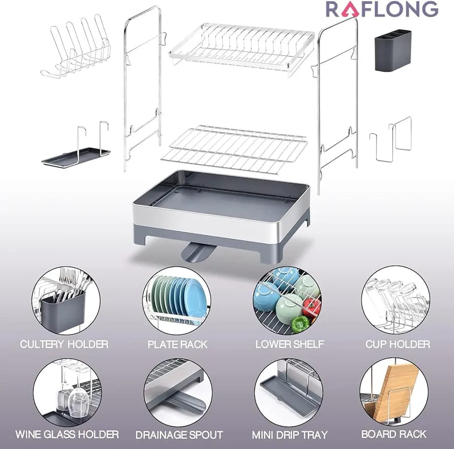 Raflong 2-Tier Dish Drying Rack | Rustproof | With Drainboard | Space-Saving