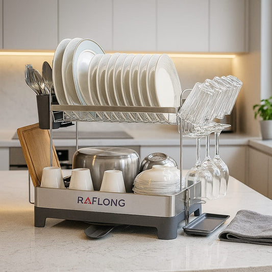 Dish rack with plates, glasses, and cutlery on a kitchen counter with 'RAFLONG' branding.