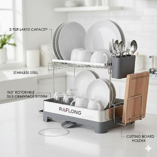 Raflong 2-Tier Dish Drying Rack | Rustproof |  With Drainboard | Space-Saving